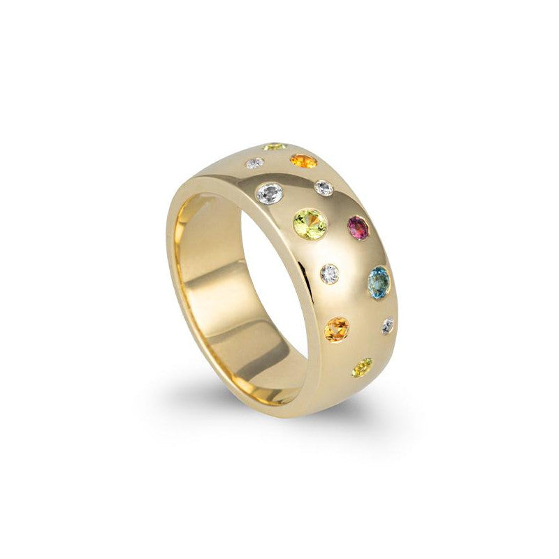 14K Yellow Gold Cigar Band set with Citrine, Peridot, Garnet, Blue Topaz and Diamonds