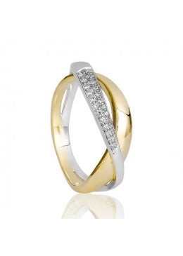 14k Two Toned White & Yellow Gold Crossed Shank Band with Pave Diamonds