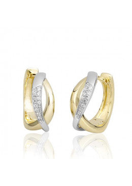 14k Two Toned White & Yellow Gold Crossed Huggies with Pave Diamonds