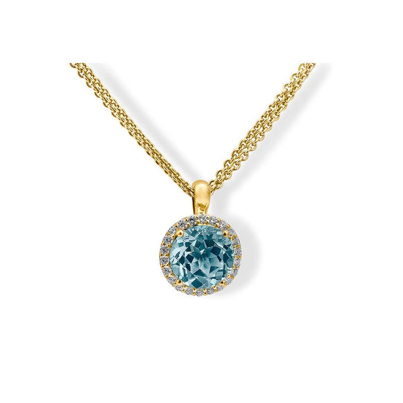 14K Yellow Gold Large Blue Topaz with Halo Diamonds Pendant