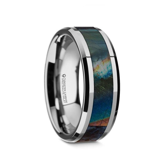 ESSENCE Beveled Tungsten Carbide Wedding Ring with Spectrolite Inlay Polished Finish